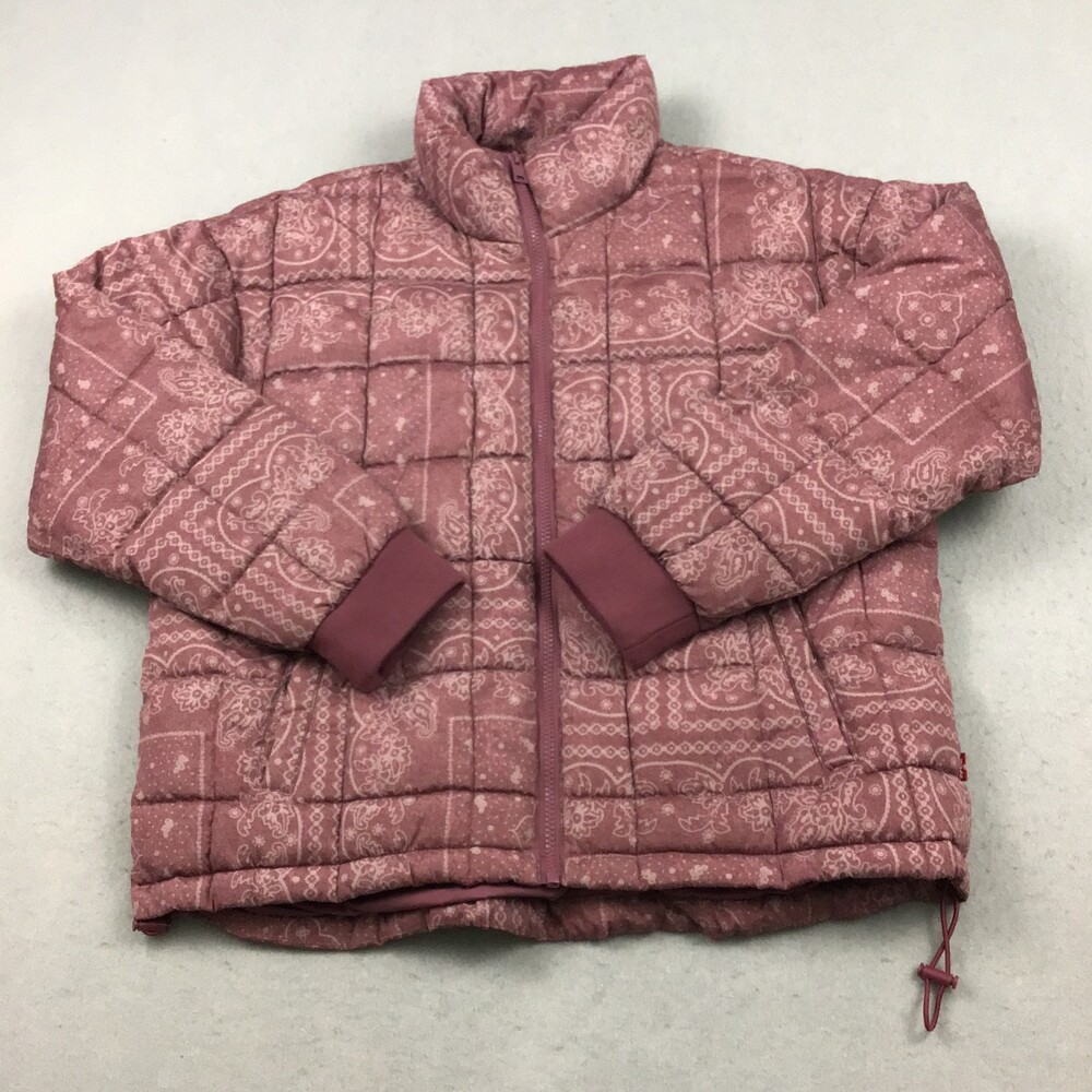 Levi's Puffer Jacket Women Medium Pink Bandana Paisely Quilted Full Zip Coat M